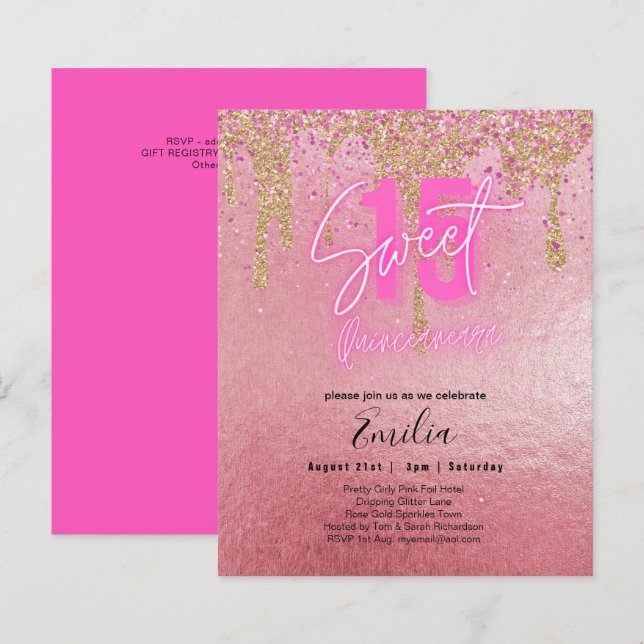Budget Sweet 15 Rosa Glitter Folie Quinceanera Gla (Fram/baksida)