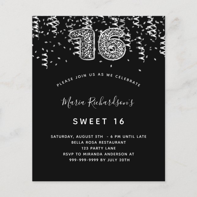 Budget Sweet 16 Black silver leopard konetti (Framsida)