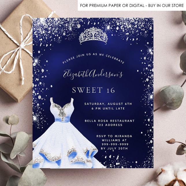 Budget Sweet 16 Blue silver dress tiara-inbjudan (Skapare uppladdad)