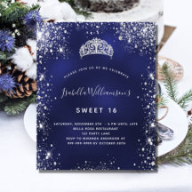 Budget Sweet 16 Blue silver tiara-inbjudan