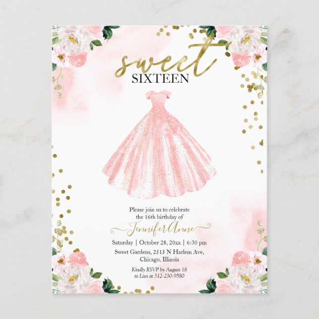 Budget Sweet 16 Blush Blommig Rosa Klänning Inbjud (Framsida)