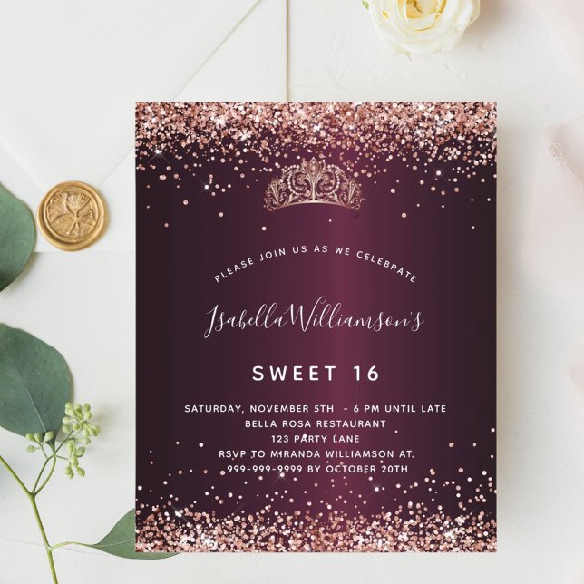 Budget Sweet 16 burgundy ro guld tiara (Skapare uppladdad)