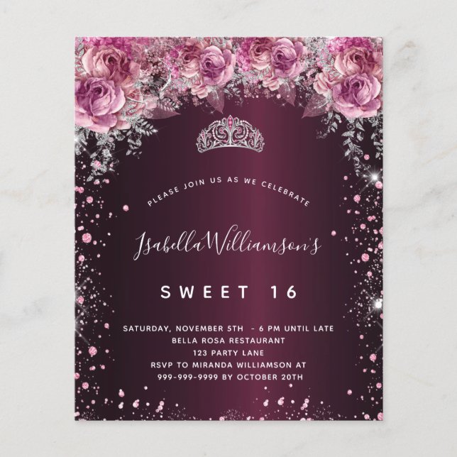 Budget Sweet 16 burgundy rosa glitter blommigt tia (Framsida)