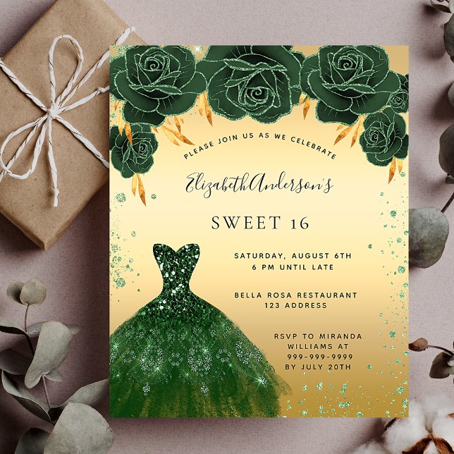 Budget Sweet 16 emerald grönt guld dress blommigt (Skapare uppladdad)