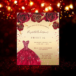 Budget Sweet 16 guld red glitter klänningsinbjudan