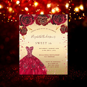 Budget Sweet 16 guld red glitter klänningsinbjudan