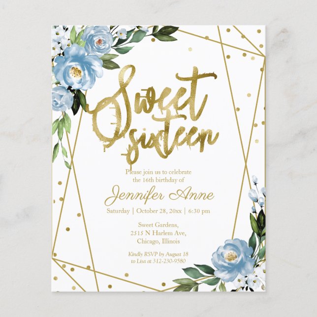 Budget Sweet 16 Inbjudan Guld Dammig Blå Blommig (Framsida)