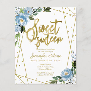 Budget Sweet 16 Inbjudan Guld Dammig Blå Blommig