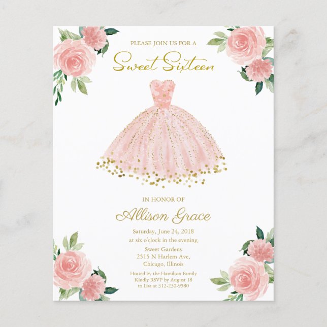 Budget Sweet 16 Inbjudan Guld Rosa Blush Klänning (Framsida)
