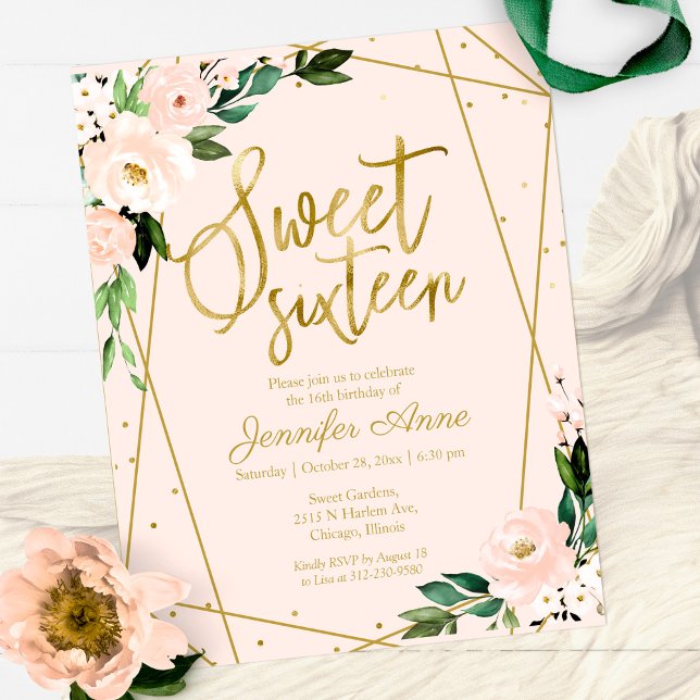 Budget Sweet 16-inbjudan Guld Rosa Bröllopsblomma (Skapare uppladdad)