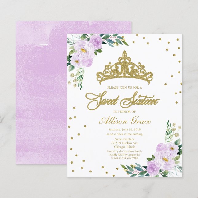 Budget Sweet 16 Inbjudan Tiara Lavendel Blommig (Fram/baksida)
