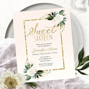 Budget Sweet 16 Inbjudan Vit Blush Blommig