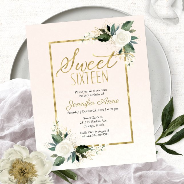 Budget Sweet 16 Inbjudan Vit Blush Blommig (Skapare uppladdad)