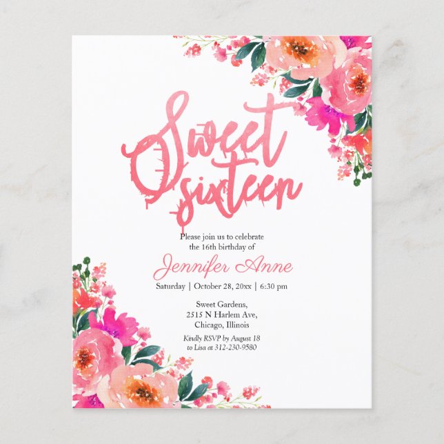 Budget Sweet 16 Inbjudningar Hetrosa Blommig (Framsida)