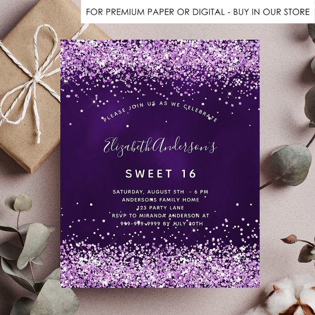 Budget Sweet 16 lila rosa glitter inbjudan (Skapare uppladdad)