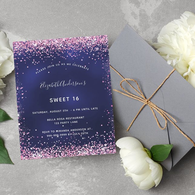 Budget Sweet 16 marinblått rosa glitter inbjudan (Skapare uppladdad)