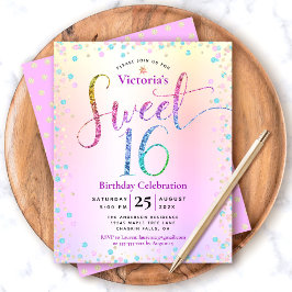 Budget Sweet 16 Rainbow Glitter Ombre Inbjudan