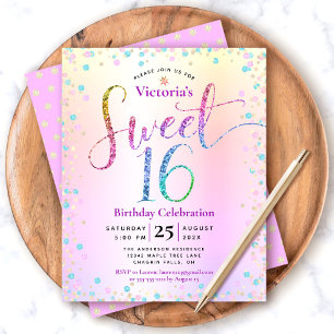 Budget Sweet 16 Rainbow Glitter Ombre Inbjudan