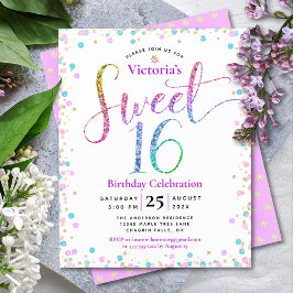 Budget Sweet 16 Regnbåge Glitter Konfetti Inbjudan