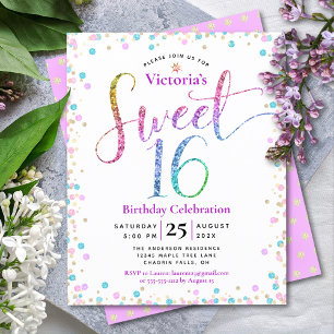 Budget Sweet 16 Regnbåge Glitter Konfetti Inbjudan