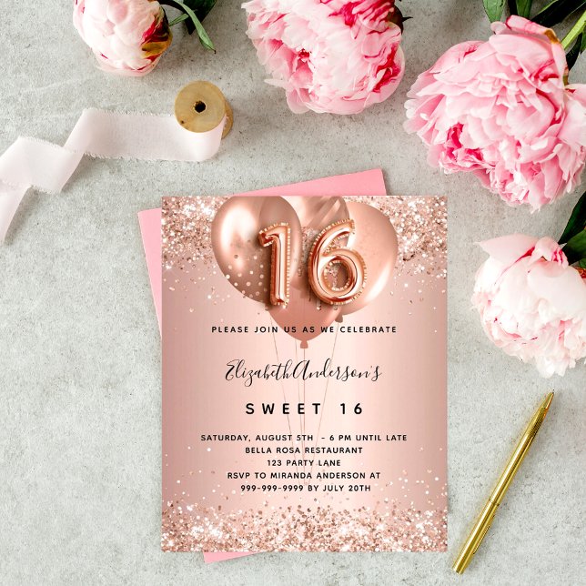 Budget Sweet 16 ro guld-ballonger inbjudan (Skapare uppladdad)