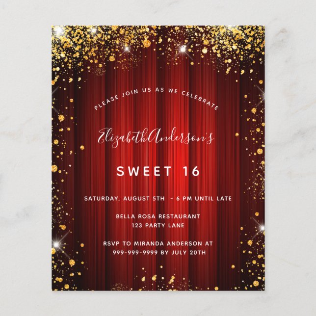 Budget Sweet 16 röd guld biograf inbjudan (Framsida)