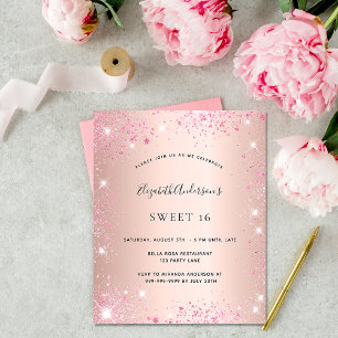 Budget Sweet 16 rosa guld rosa glitter inbjudan