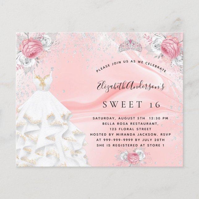Budget Sweet 16 rosa klänning tiara inbjudan (Framsida)