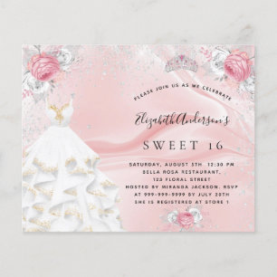 Budget Sweet 16 rosa klänning tiara inbjudan