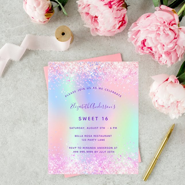 Budget Sweet 16 rosa lila glitter inbjudan (Skapare uppladdad)