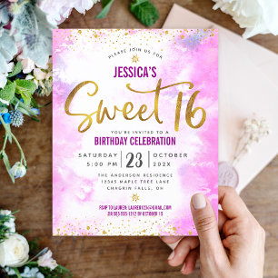 Budget Sweet 16 Rosa Watercolor Guld skript Inbjud