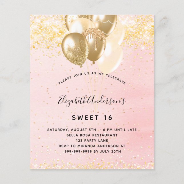 Budget Sweet 16 roséguld ballonginbjudan (Framsida)
