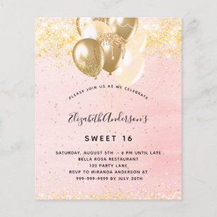 Budget Sweet 16 roséguld ballonginbjudan