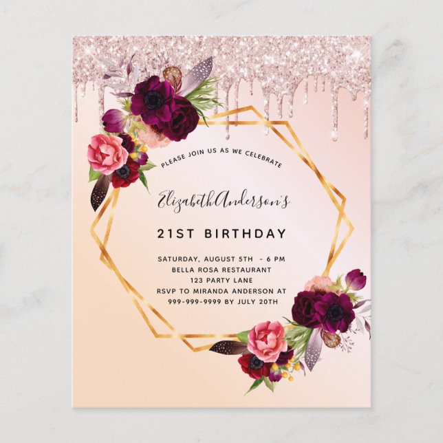 Budget Sweet 16 roséguld glitter blomma geometrisk (Framsida)