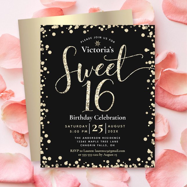 Budget Sweet 16 Svart Guld Glitter Chic Inbjudan (Skapare uppladdad)