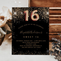 Budget Sweet 16 svart inbjudan till guld glitter