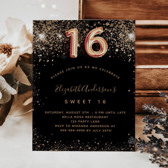 Budget Sweet 16 svart inbjudan till guld glitter (Skapare uppladdad)