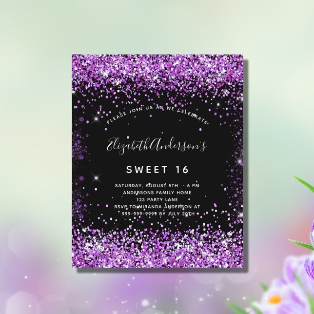 Budget Sweet 16 Svart lila glitter inbjudan (Skapare uppladdad)