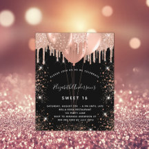 Budget Sweet 16 svart roséguld ballonginbjudan