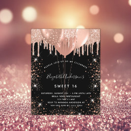 Budget Sweet 16 svart roséguld ballonginbjudan