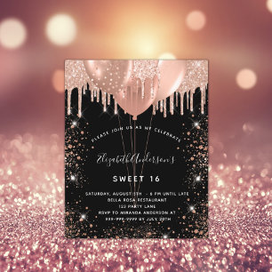 Budget Sweet 16 svart roséguld ballonginbjudan