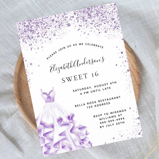 Budget Sweet 16 violet vit klänningsinbjudan (Skapare uppladdad)