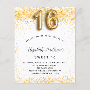 Budget Sweet 16 vit guldglittring inbjudan