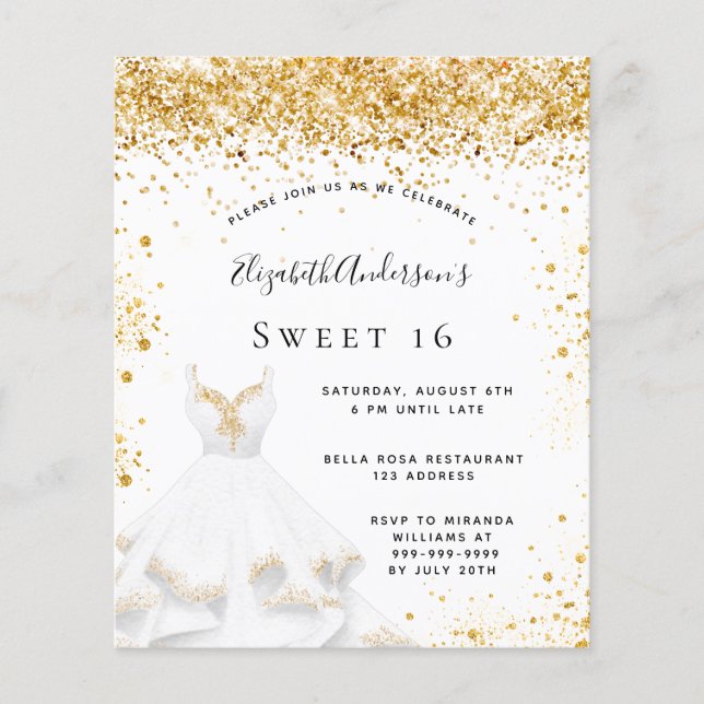 Budget Sweet 16 vit guldklänning glitterdamm (Framsida)