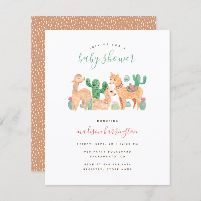 Budget Sweet Alpaca Llama Cactus Boho Baby Shower (Fram/baksida)