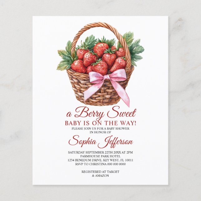Budget Sweet Strawberry Baby Shower Invitation (Framsida)