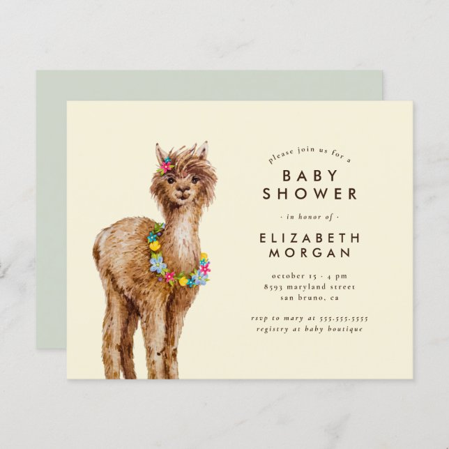 Budget Sweet Watercolor Alpaca Baby Shower (Fram/baksida)