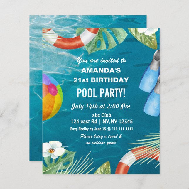 Budget Swimming Pool Party Birthday Invitation (Fram/baksida)