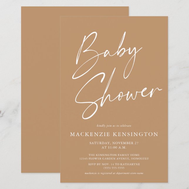 Budget Tan Earth Tones Simple Script Baby Shower (Fram/baksida)