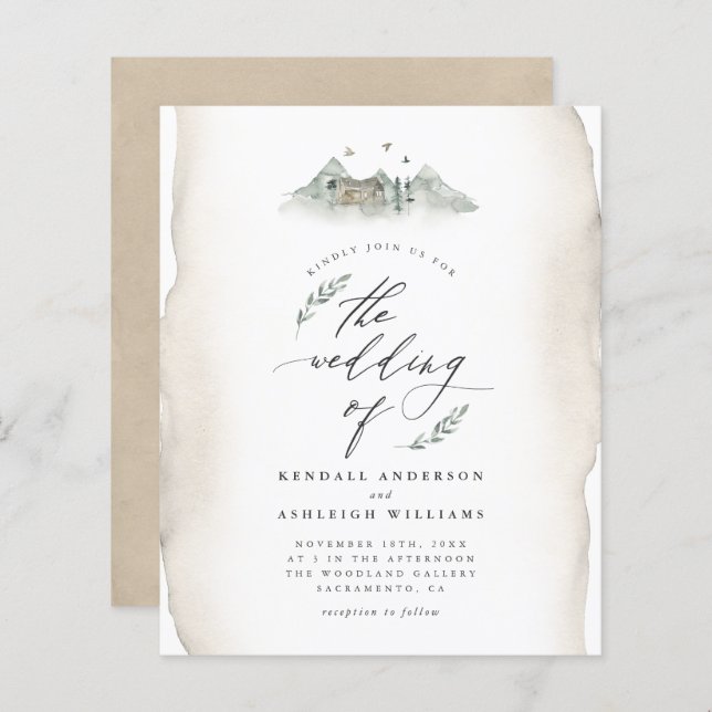 Budget Tan Watercolor Löv & Mountain Bröllop (Fram/baksida)